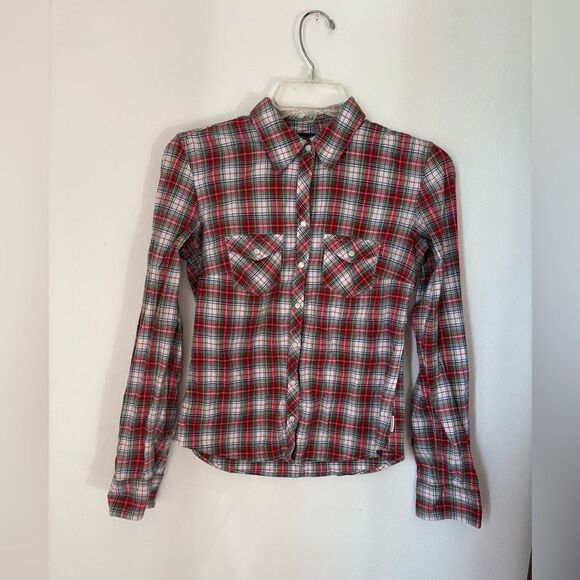 Abercrombie red plaid snap front long sleeve top size small 95 % cotton - Picture 6 of 11